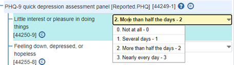 Question with dropdown menu for 'Little interest or pleasure in doing things'